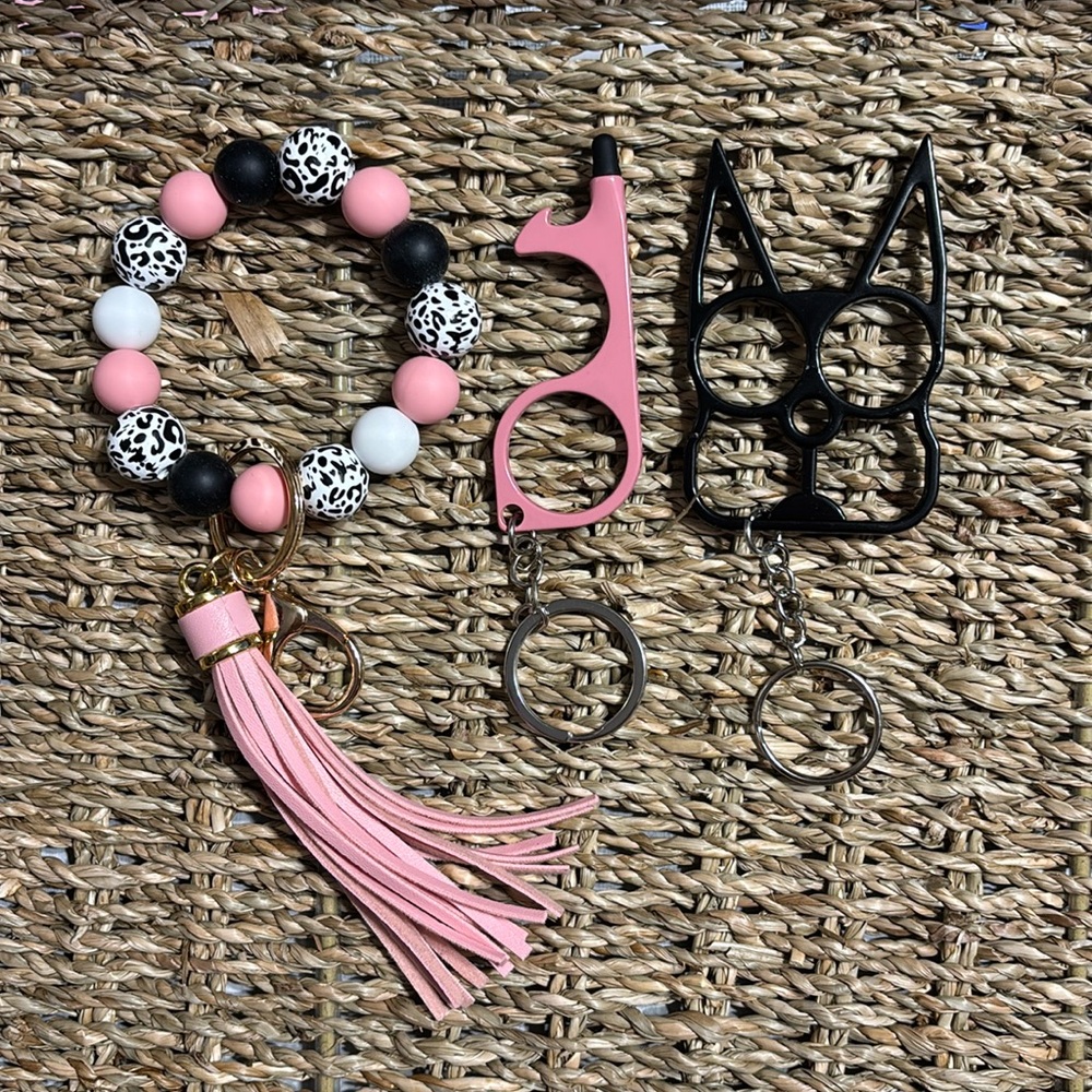 3 Piece Set Black and Pink Leopard Safety Self Defense Keychain